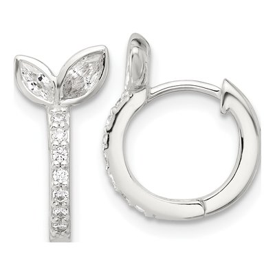 Sterling Silver 15mm CZ Leaf Huggie Hoop Earrings