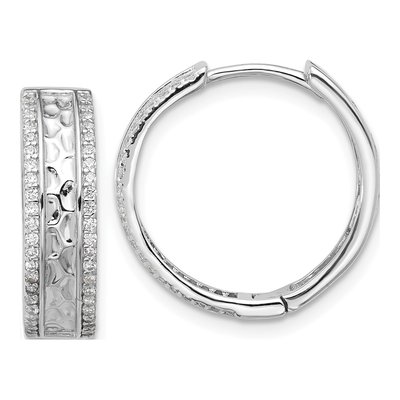 Sterling Silver 19mm CZ Hammered Huggie Hoop Earrings
