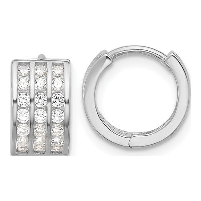 Sterling Silver 10mm CZ 3-Row Huggie Hoop Earrings