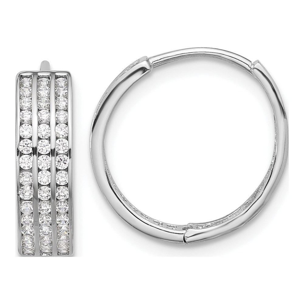 Sterling Silver 16mm CZ 3-Row Huggie Hoop Earrings
