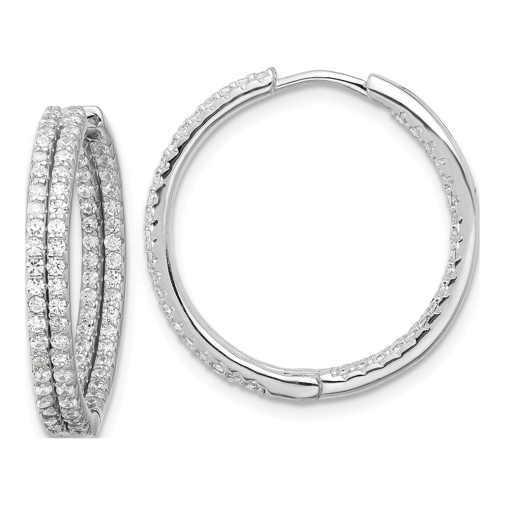 Sterling Silver 25mm CZ Double Row In-Out Huggie Hoop Earrings