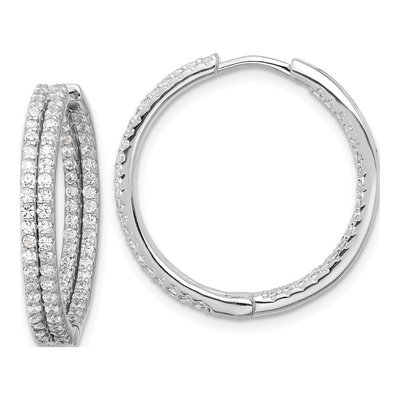 Sterling Silver 25mm CZ Double Row In-Out Huggie Hoop Earrings