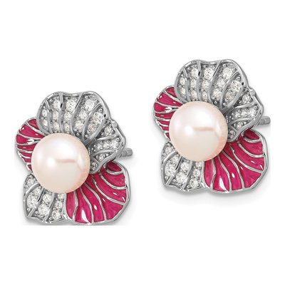 Sterling Silver Button Freshwater Cultured Pearl & CZ Enamel Flower Stud Earrings – view 2