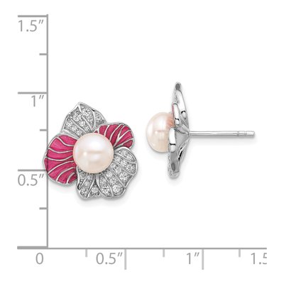 Sterling Silver Button Freshwater Cultured Pearl & CZ Enamel Flower Stud Earrings – view 4