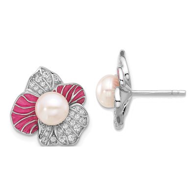 Sterling Silver Button Freshwater Cultured Pearl & CZ Enamel Flower Stud Earrings