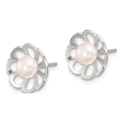 Sterling Silver Button Freshwater Cultured Pearl Flower Stud Earrings – view 2