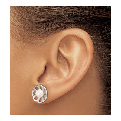 Sterling Silver Button Freshwater Cultured Pearl Flower Stud Earrings – view 3