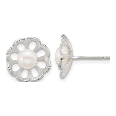 Sterling Silver Button Freshwater Cultured Pearl Flower Stud Earrings