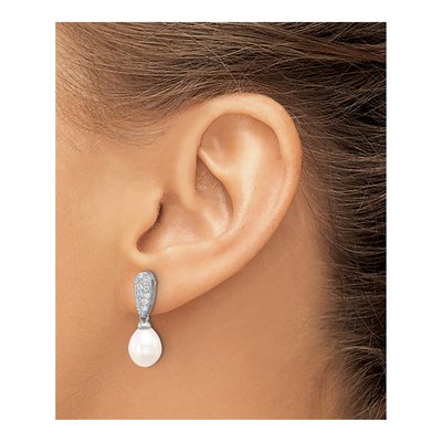 Sterling Silver Freshwater Cultured Pearl & CZ Dangle Earrings – view 3