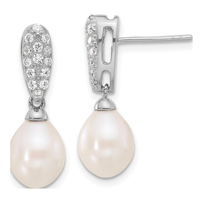 Sterling Silver Freshwater Cultured Pearl & CZ Dangle Earrings