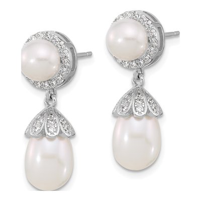 Sterling Silver Freshwater Cultured Pearl & CZ Dangle Earrings – view 2
