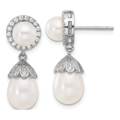 Sterling Silver Freshwater Cultured Pearl & CZ Dangle Earrings