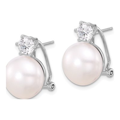 Sterling Silver Button Freshwater Cultured Pearl & CZ Omega Stud Earrings – view 2