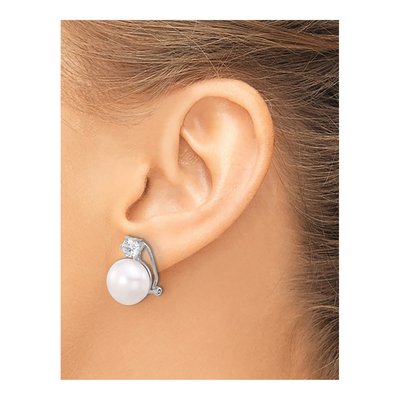Sterling Silver Button Freshwater Cultured Pearl & CZ Omega Stud Earrings – view 3