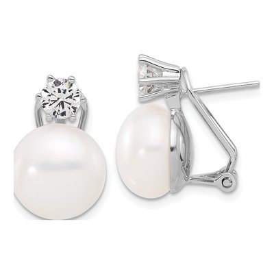Sterling Silver Button Freshwater Cultured Pearl & CZ Omega Stud Earrings