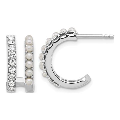 Sterling Silver 16mm Freshwater Cultured Pearl & Crystal Double Hoop Earrings