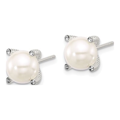 Sterling Silver Round Simulated Pearl & CZ Twisted Stud Earrings – view 2