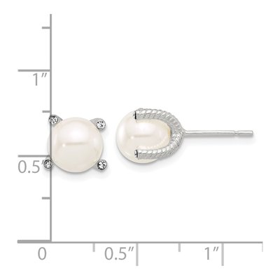 Sterling Silver Round Simulated Pearl & CZ Twisted Stud Earrings – view 4