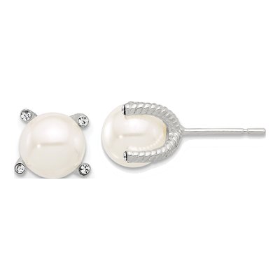 Sterling Silver Round Simulated Pearl & CZ Twisted Stud Earrings