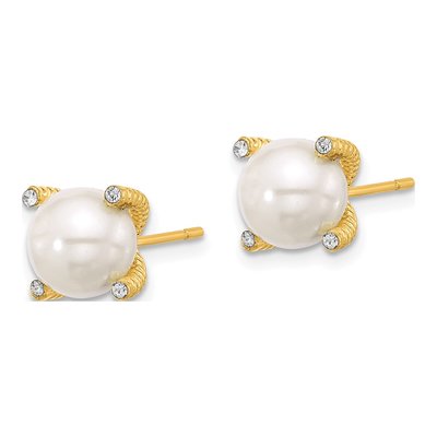 Gold-Plated Sterling Silver Round Simulated Pearl & CZ Twisted Stud Earrings – view 2