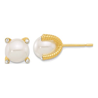 Gold-Plated Sterling Silver Round Simulated Pearl & CZ Twisted Stud Earrings