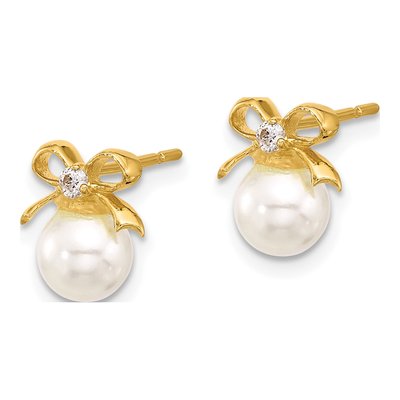 Gold-Plated Sterling Silver Round Simulated Pearl & CZ Bow Stud Earrings – view 2
