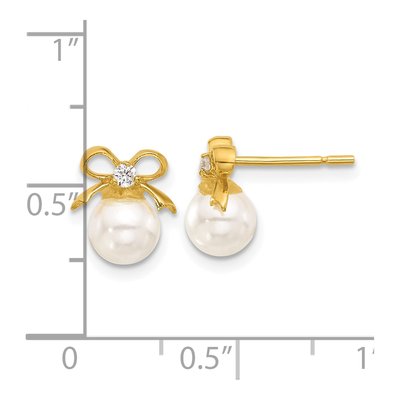 Gold-Plated Sterling Silver Round Simulated Pearl & CZ Bow Stud Earrings – view 4