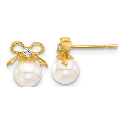Gold-Plated Sterling Silver Round Simulated Pearl & CZ Bow Stud Earrings