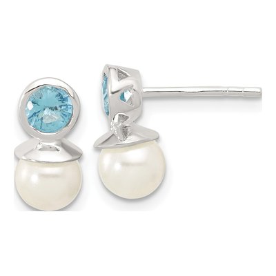 Sterling Silver Simulated Pearl & CZ Glass Dangle Earrings