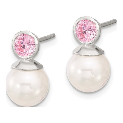 Sterling Silver Pink CZ & Glass Pearl Drop Earrings – view 2