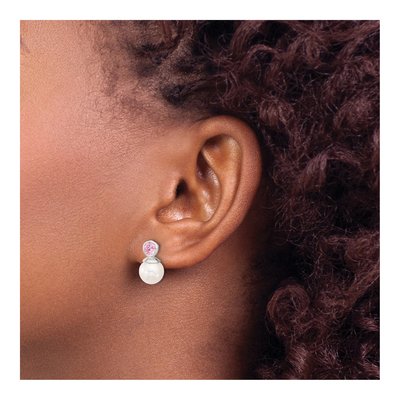 Sterling Silver Pink CZ & Glass Pearl Drop Earrings – view 3