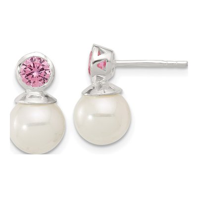 Sterling Silver Simulated Pearl & CZ Glass Dangle Earrings