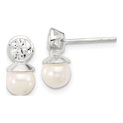 Sterling Silver Simulated Pearl & CZ Glass Dangle Earrings