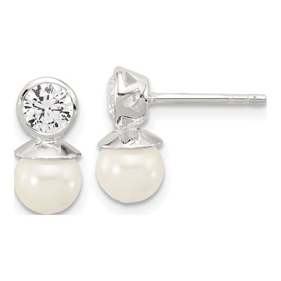 Sterling Silver Simulated Pearl & CZ Glass Dangle Earrings