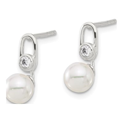 Sterling Silver Simulated Pearl & CZ Shell Dangle Earrings – view 2