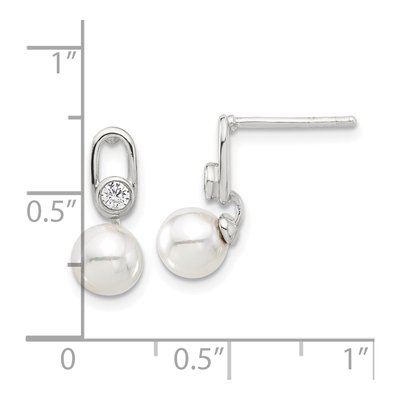 Sterling Silver Simulated Pearl & CZ Shell Dangle Earrings – view 4