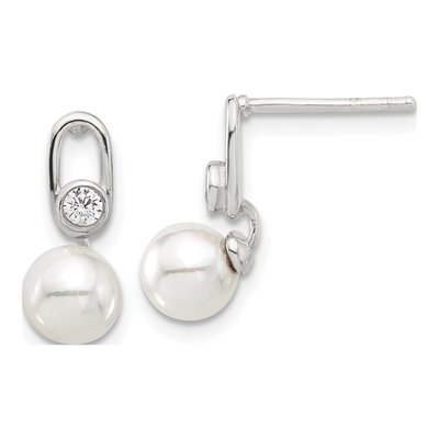 Sterling Silver Simulated Pearl & CZ Shell Dangle Earrings