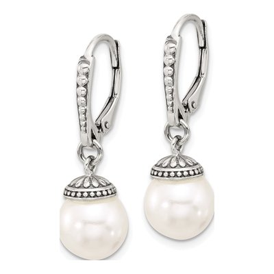 Sterling Silver Simulated Pearl Leverback Earrings – view 2