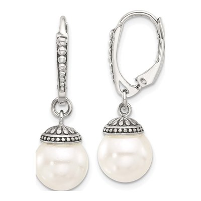 Sterling Silver Simulated Pearl Leverback Earrings