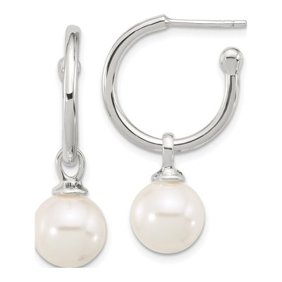 Sterling Silver 33mm Simulated Pearl Glass C- Hoop Earrings