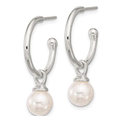 Sterling Silver 33mm Simulated Pearl Glass C- Hoop Earrings – view 2