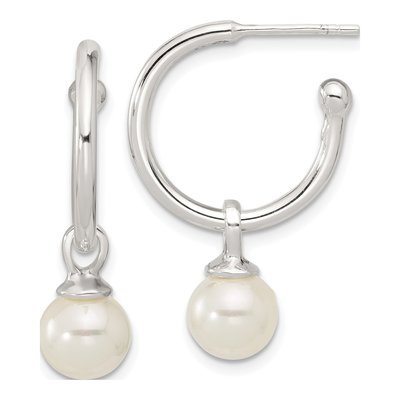 Sterling Silver 33mm Simulated Pearl Glass C- Hoop Earrings