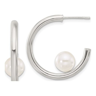 Sterling Silver 25mm Simulated Pearl C- Hoop Earrings
