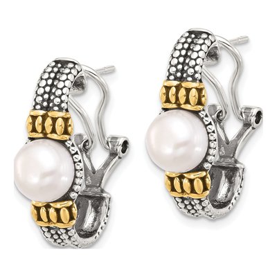 Sterling Silver Simulated Pearl Antiqued Omega Clip Dangle Earrings – view 2
