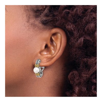 Sterling Silver Simulated Pearl Antiqued Omega Clip Dangle Earrings – view 3