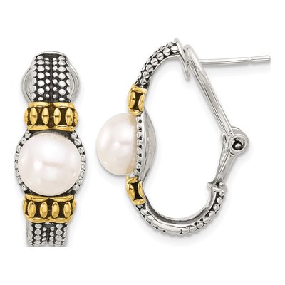 Sterling Silver Simulated Pearl Antiqued Omega Clip Dangle Earrings