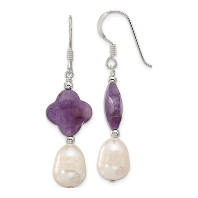 Sterling Silver Freshwater Cultured Pearl & Amethyst Clover Dangle Earrings
