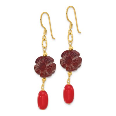 Gold-Plated Sterling Silver Coral Red Jasper Flower Dangle Earrings – view 3