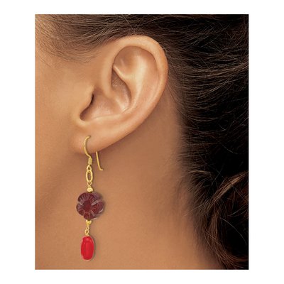 Gold-Plated Sterling Silver Coral Red Jasper Flower Dangle Earrings – view 4
