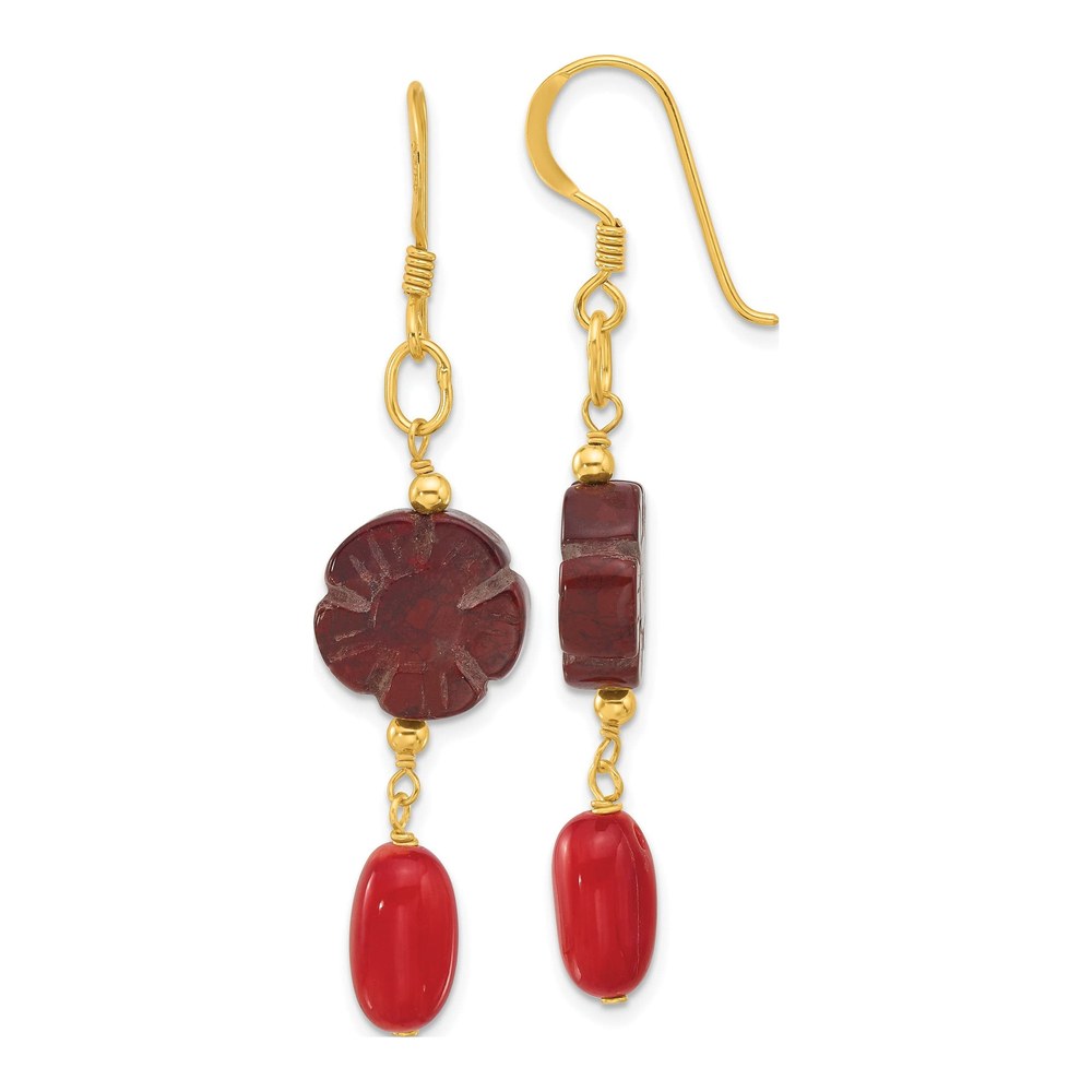 Gold-Plated Sterling Silver Coral Red Jasper Flower Dangle Earrings